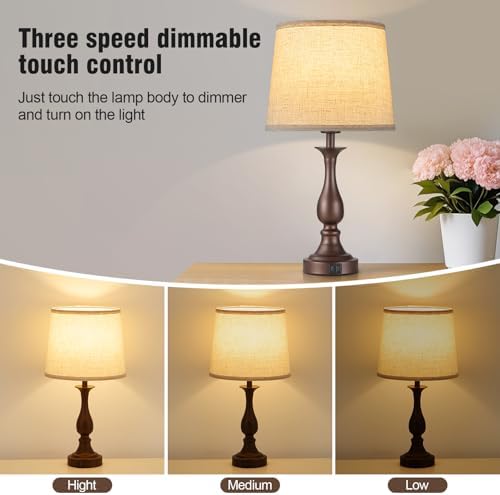 Bedside Table Lamp Touch Control Bedroom Lamps with USB A + C Charging Port 3 Way Dimmable Touch Lamps for Nightstand Living Room Bedroom Dorm Home Office Reading, Set of 2 (Beige Shade & Brown Base)