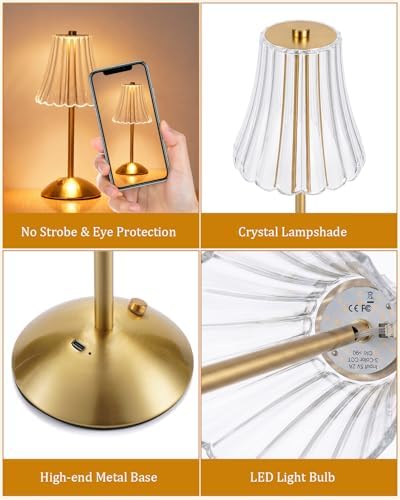 Nusogon Rechargeable Cordless Table Lamp, Gold Touch Crystal Desk Lamp