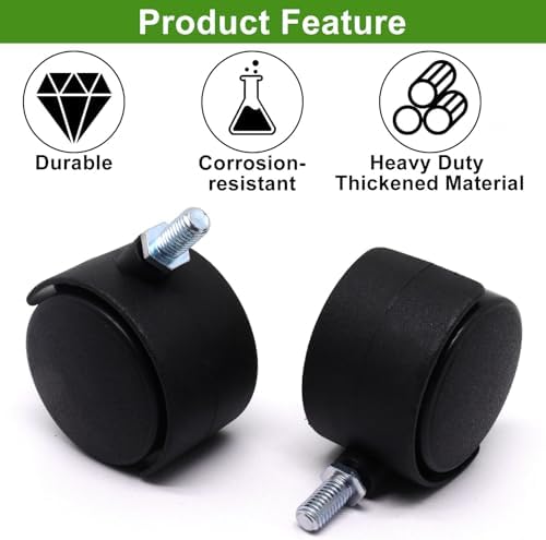 Plastic Caster Wheels 2 Inch, M8 Threaded Swivel Casters Set of 4, Black Nylon Replacement Casters Wheels for Furniture Table Cabinet Office Chair