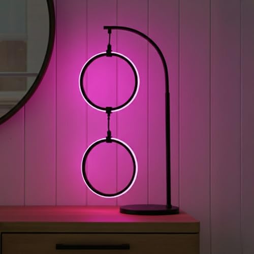 Brightech 2 Ring Lamp - 24" RGB Color Changing LED Table Lamp with 2 Hanging Rings, Modern Arc Bedside Desk Lamp for Bedroom and Living Room, USB-C Charging Port, Black