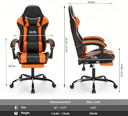 Big and Tall Gaming Chair with Footrest, Ergonomic Computer Desk Chair with Lumbar Support & Headrest, High Back PU Leather Gaming Office Chair, Reclining Swivel Task Chair for Office or Gaming