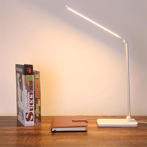 LED Desk Lamp with USB Charging Port, 5 Color Modes, 10 Dimmable Brightness Levels, Eye-Caring Reading Light, Touch Control & 30/60 min Auto Timer, Silver