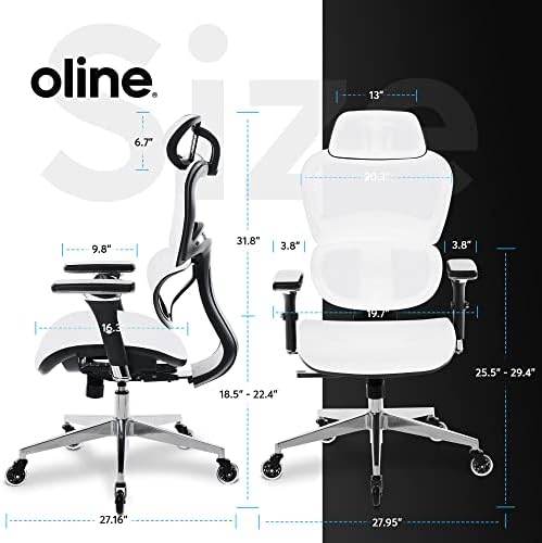 Oline ErgoPro Ergonomic Office Chair with 4D Adjustable Armrest, 3D Lumbar Support and Blade Wheels - Mesh Computer Gaming Rolling Desk Executive Swivel Home Chair (White)