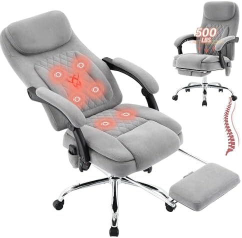500LBS Massage Office Chair, Reclining 6 Points Vibration and Heat Desk Chair with Foot Rest, Ergonomic Executive Office Chairs, Comfy Wider & Thicker Seat, Big and Tall Gaming Chair, Fabric Grey