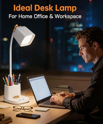 LED Desk Lamps for Home Office with Charger, Organizer, Desk Light Table Lamp for Bedroom, Study, Reading, Work, Nail, Gooseneck Small Desk Lamp for Artist, Puzzle, Drawing, Eye-Caring LED Office Lamp