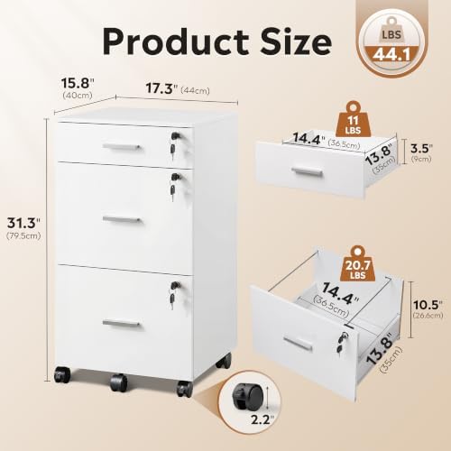 DEVAISE 3 Drawer Wood Filing Cabinet with Upgrade to 3 Individual Locks