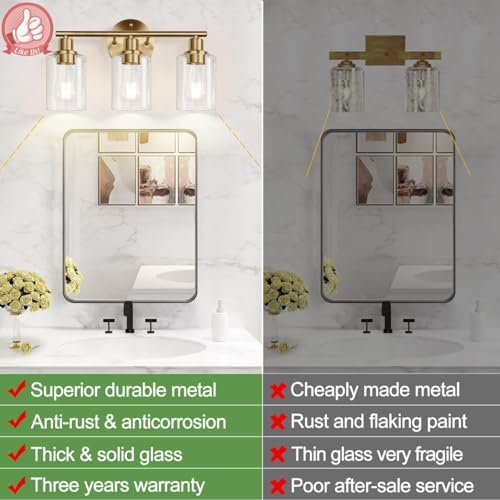 Zarbitta 3-Light Bathroom Light Fixtures, Brushed Brass Bathroom Wall Lights with Clear Glass Shade, Modern Bathroom Wall Lamp for Mirror Kitchen Living Room Hallway Cabinet