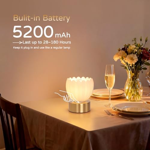 Shenmoyl Cordless Small Table Lamp with 5200mAh Battery & Touch Control, Battery Operated Tulip Table Lamp with 3 Colors, Rechargeable Mini Table Lamps for Bedsides, Bedroom, Nightstand (White)