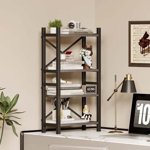 2-Pack Desktop Bookshelf, 4-Tier Stackable Narrow Bookcase, Adjustable Industrial Desk Organizer & Hutch - Rustic Brown Wood Desktop Book Organizer for Living Room, Bedroom & Home Office