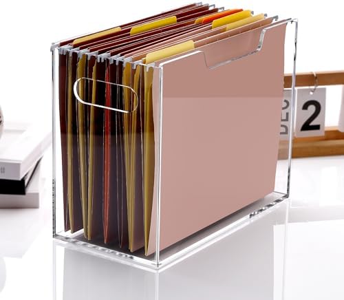 DINGHUO Hanging File Organizer, Acrylic File Holder with Handles, No Assembly Required, Clear File Crate Storage Box for Desk Office, Fits Standard Letter Size 8.5"x11" Folders
