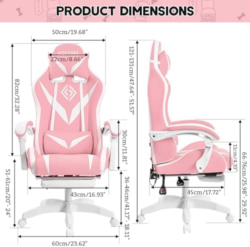 HOFFREE Gaming Chair with LED RGB Lights Massage Ergonomic Video Game Chairs with Footrest High Back Reclining Computer Chair with Adjustable Lumbar Support Pink and White