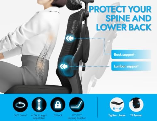 Black Ergonomic Office Chair: Mesh Desk Chair Comfy with Headrest& Lumbar