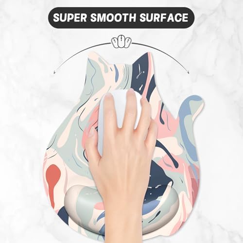 Ergonomic Mouse Pad with Wrist Rest, Cute Cat Memory Foam Padded Pain Relief Non-Slip Wrist Support Mouse Mat for Gaming Work Computer Laptop, Funny Office Supplies Desk Accessory, Fluid Art