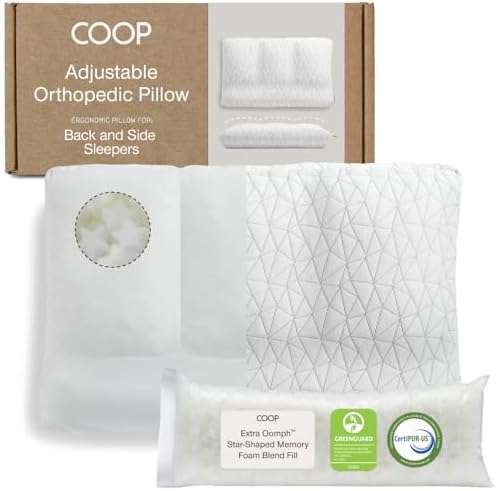 Coop Home Goods Adjustable Orthopedic Pillow Queen, Ergonomic Cervical Neck Support, Memory Foam Pillows for Side & Back Sleepers, Breathable, Washable Cover, GREENGUARD & CertiPUR-US Certified