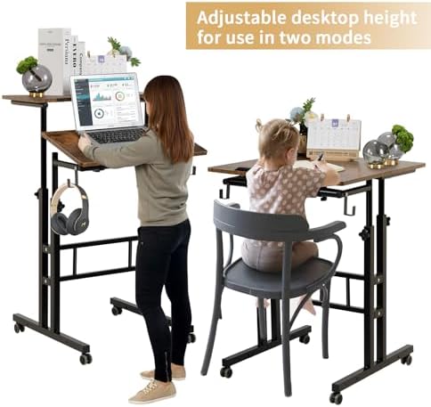 SIDUCAL Mobile Standing Desk, Portable Stand Up Desk, Small Adjustable Converter with Wheels Home Office Workstation, Rolling Laptop Cart for Sitting, Rustic Brown