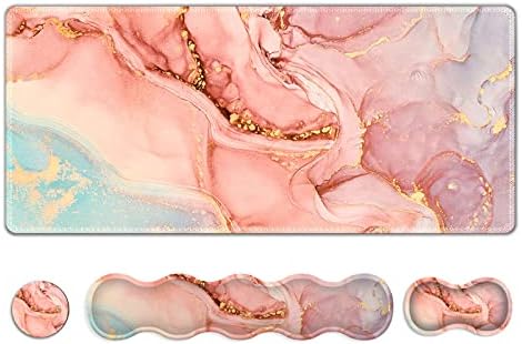 Upgraded Extended Gaming Mouse Pad, Keyboard Wrist Rest Pad, Wrist Support Mousepad Set, Artso Large Stable Rubber Base Stitched Edges, Multifunctional Desk Pad 35 x15.5 in, Abstract Pink Marble