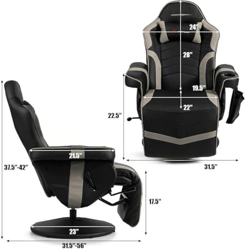 GYMAX Gaming Chair with Footrest, Massage Video Game Chairs for Adults with Remote, Adjustable Backrest, Headrest, Cup Holder & Side Pocket, Ergonomic High Back Office Computer Chair (Grey)