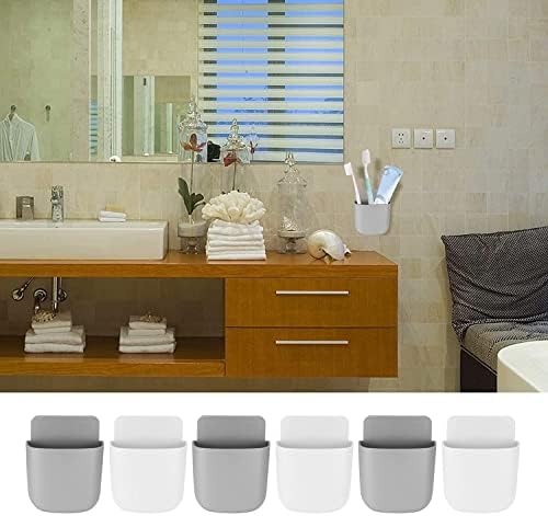 6 Pcs Remote Control Holder Wall Mounted, Self-Adhesive Wall Mount Phone Pen Pencil Makeup Brushes Glasses Holder Storage Box Organizer for Wall Beside Table (3 White+ 3 Grey)