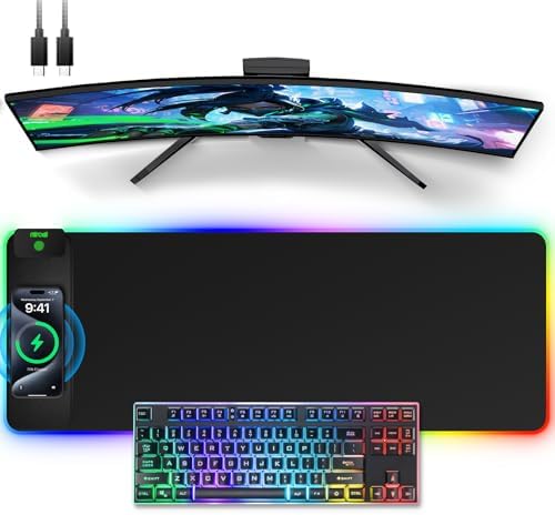 Wireless Charging Mouse Pad, 31.5"x11.81" XL Gaming Mousepad with 11 RGB Colors & 5 Lighting Modes, Home Office Large Desk Pad, Ultra-Smooth Surface, Non-Slip, Waterproof Keyboard Pad Black Desk Mat