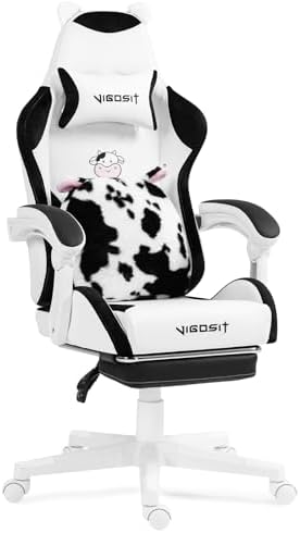 Gaming Chair, Cute Cat Gaming Chairs with Paw Lumbar Cushion for Girls, Video Gamer Chair with Footrest for Girl Teen Woman (WhiteBlack-A)
