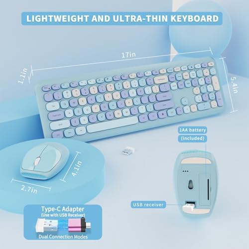 SkyGive Wireless Keyboard and Mouse Combo, Colorful Ergonomic Full Size Quiet Retro Low-Noise Keyboard with Cute Keycaps, Slim Design for Windows PC, Perfect for Home and Office (Serene Light Blue)
