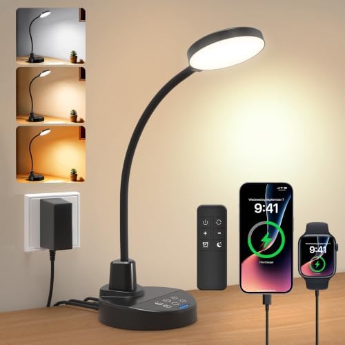15W LED Desk Lamp with USB Charging Ports, [Button & Remote Control] Dimmable Table Lamp with 3 Color Modes, 5 Brightness Levels, 4 Timers, Flexible Reading Light for Home Office, Bedroom, Kids Study