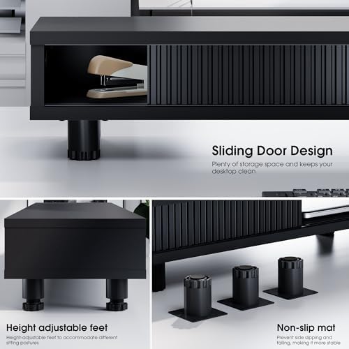 Fenge Dual Monitor Stand with Storage, Desk Shelf with Glass Sliding Door