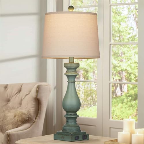 Cinkeda 29" Tall Table Lamp for Living Room Set of 2,Vintage Bedside Nightstand Lamps with USB C+A Ports & AC Outlet,3-Way Dimmable Touch Control Retro Green Desk Lamp for Bedroom,Color 4