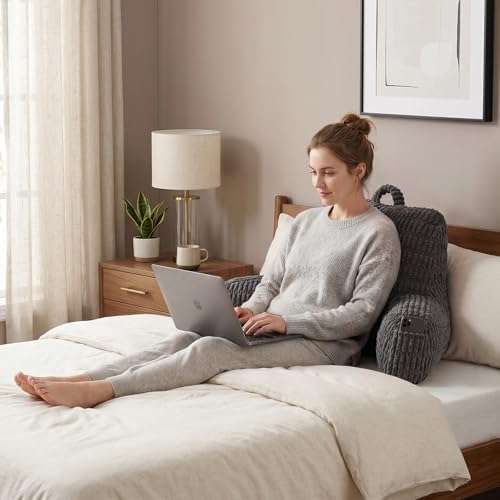 Reading Pillow for Sitting in Bed with Arm,Gray Corduroy,M