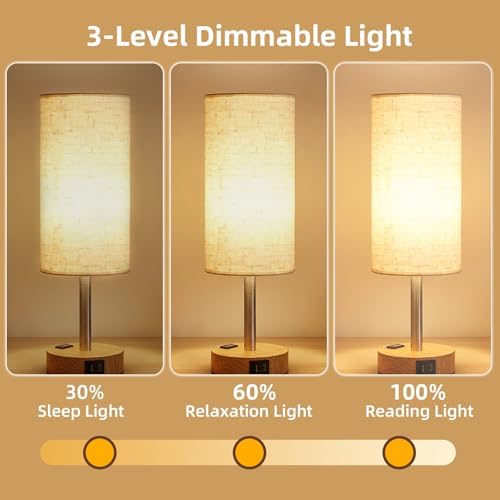 2PCS Table Lamp for Bedroom, Dimmable Touch, AC Outlet, USB A+C