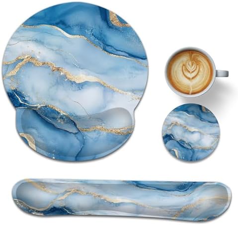 Marble Ergonomic Memory Foam Wrist Rest Set for Keyboard and Mouse,Blue Gold Flowing Marble Supportive Mouse Pad with Non Slip Base for Office Work and Gaming
