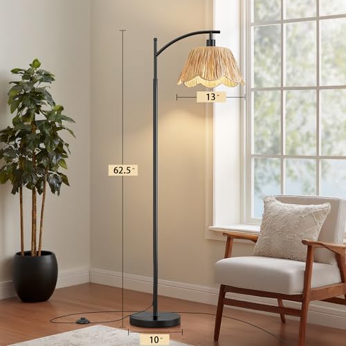 Oneach Boho Rattan Floor Lamp for Living Room, Farmhouse Standing Lamp with Hand-Woven Shade, Black Metal Base & Pole, Foot Switch - Corner Reading Lamp for Bedroom