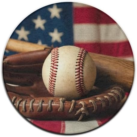 Fashion Round Area Rug Large Non Slip Carpet, Retro Baseball American Flag Unisex Home Decor Mat