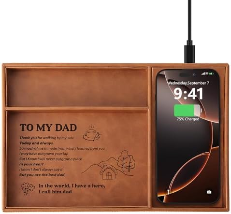 TopMade Valet Tray for Men, Built in Wireless Charging Pad, Nightstand Dresser Organizer, Faux Leather Mens Jewelry Box with Charging Station, Brown
