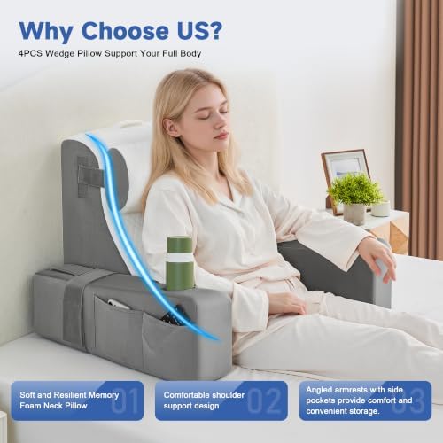 Reading Pillow for Bed, Back Pillow for Bed Sitting Up, Bed Pillows for Sitting Up with Adjustable Armrests, Cup Holder & Large Pocket, Backrest Cushion for Reading, Watching TV (WhiteGray, 4PCS)