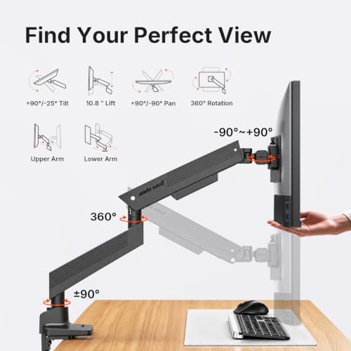 AndaSeat Axis Aluminum Single Monitor Arm for 17–34-Inch Monitors, Adjustable VESA Desk Mount, Supports Up to 24.2 lb, 75 × 75/100 × 100 mm, Black