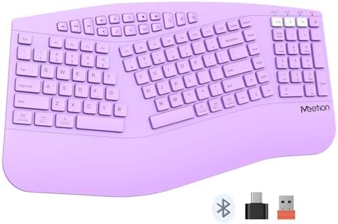 MEETION Ergonomic Keyboard Wireless, Multi-Device Bluetooth Keyboard, Full-Sized Split Computer Keyboards, Wrist Rest for Natural Typing, for Windows/Mac/Laptop/Table/PC, Purple