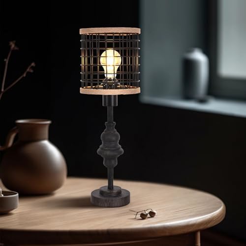 Black Industrial Metal Mesh Table Lamp, 20" Tall Farmhouse Bedside Lamp with Burlap Trim, 5ft Brown Cord & Rotary Switch, E26 Bakelite Socket for Bedroom Living Room