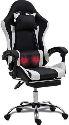 Massage Gaming Chair with Footrest，Ergonomic Video Game Chair for Adults Kids, Adjustable Headrest & Lumbar Support, 90-135° Recline, 360° Swivel, for Gaming Room Home Office Bedroom, White