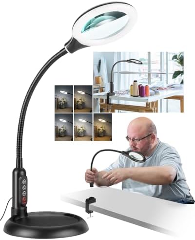 12X Magnifying Glass with Light and Stand, Real Glass, LED 5 Color Modes, Brightness Stepless Dimming Lighted Magnifier Hands Free with Flexible Gooseneck Desk Clamp Lamp for Close Work, Craft, Hobby