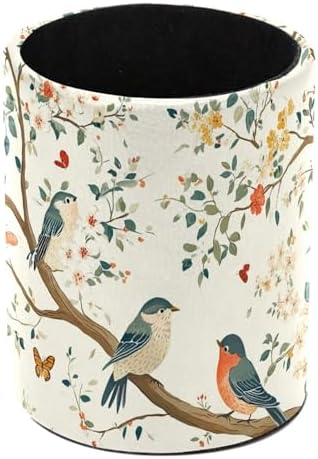 Leather Pen Holder for Desk, Birds Branches Butterflies Pencil Cup Pen Organizer Makeup Brush Holder for Office Home Kids Countertop Desk Accessory Storage