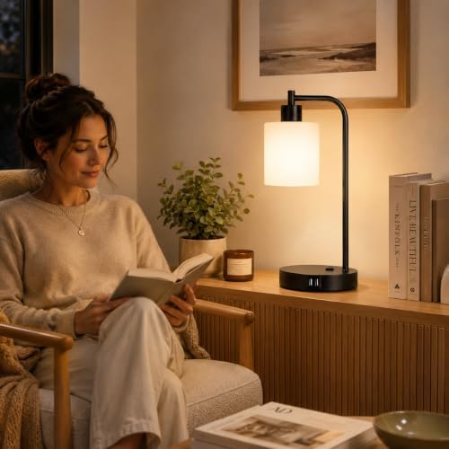 Set of 2 Industrial Touch Control Table Lamps with 2 USB Ports and AC Outlet - 3-Way Dimmable Black Bedside Lamp Nightstand Desk Lamps for Bedroom Living Room, Opal Glass Shade & 2 LED Bulbs Included
