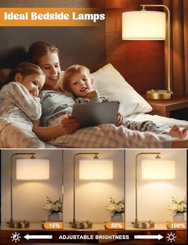 20.7" Gold Table Lamp with USB & Outlet, Fully Dimmable Nightstand Lamp