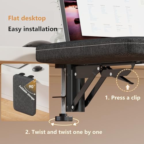 Foldable Armrest Desk Mount - Metal Support + Cushioned Pad for Wrist Relief, Ergonomic Workstation Accessory (Black)