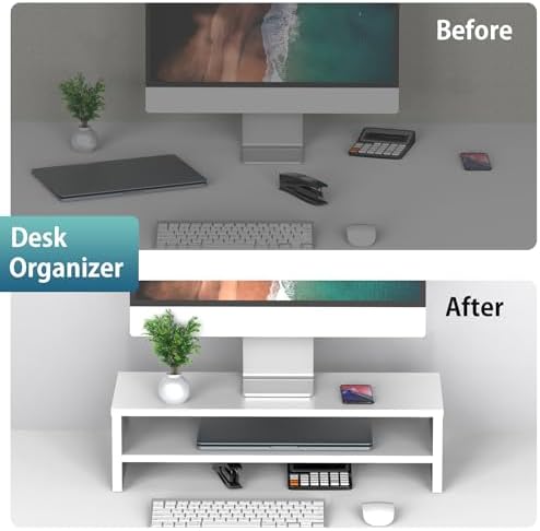 FITUEYES Wooden Monitor Stand Riser, 2-Tier Desk Storage Shelf, White