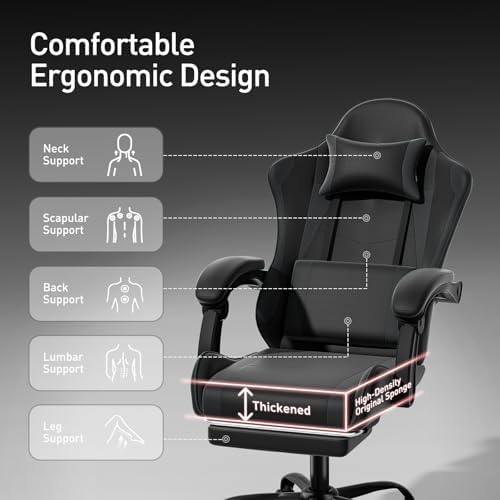 MoNiBloom Gaming Chair, Footrest & Lumbar Support, Height Adjust, Black