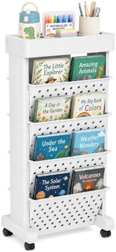 5-Tier Rolling Bookshelf Cart with Wheels, White