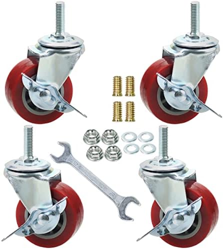 2 Inch Swivel Caster Wheels Set of 4, Locking Casters Heavy Duty Total Capacity 200lbs, Metric M8-1.25×25mm Threaded Stem PU Castors with Brake