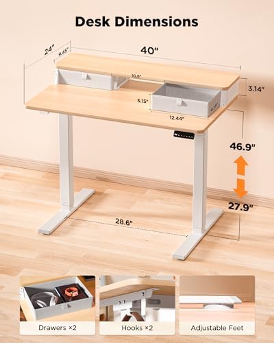 FiCiHi 40x24 Inch Electric Standing Desk, 2 Drawers, Adjustable Height Desk