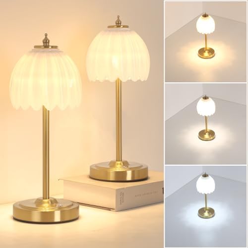 Shenmoyl Set of 2 Tulip Table Lamp with 5000mAh Battery & Touch Control, Cordless Table Lamp with 3 Colors, Dimmable Rechargeable Table Lamps for Bedroom, Living Room, Entryways (White Tulip)